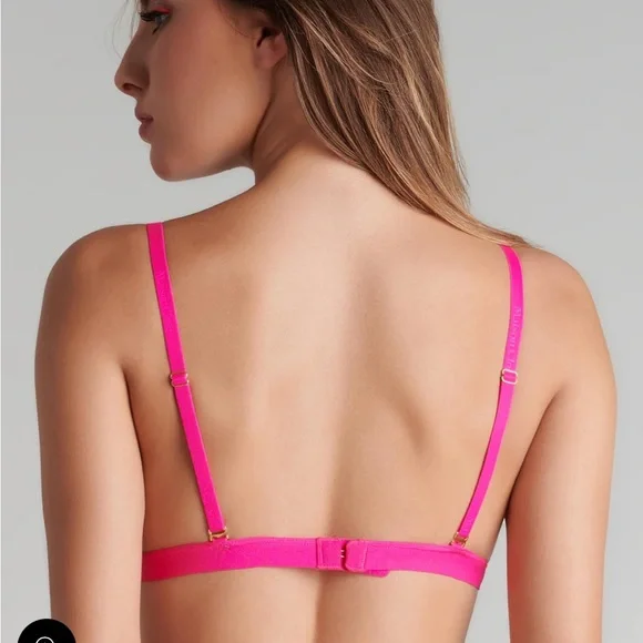 NWT Maison Close Corps à Corps Neon Pink Triangle Bra Thong and Garter Belt Set